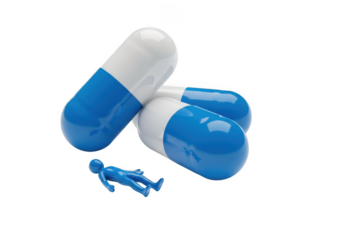 Blue and white capsule pills with small human figure isolated on transparent background