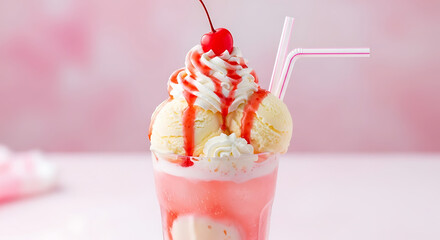 Delicious Ice Cream Sundae with Cherry and Strawberry Syrup Dessert