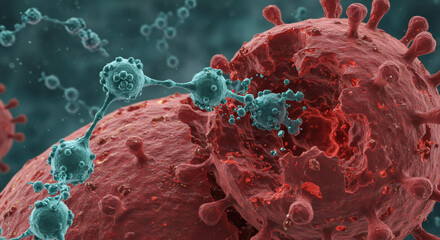 Scientific 3D rendering illustrating pathogenic viral particles with distinct spike proteins interacting with cellular structures, symbolizing complex infection and immune system processes