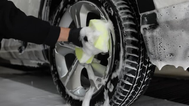 Man washing car wheel with sponge indoors, closeup
