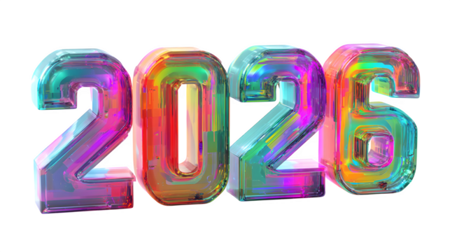 Vibrant gradient 2026 typography with neon glow and futuristic chrome texture, minimal design isolated on white background