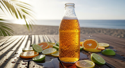 Refreshing Cold Beer Bottle with Citrus Fruit Slices at the Beach