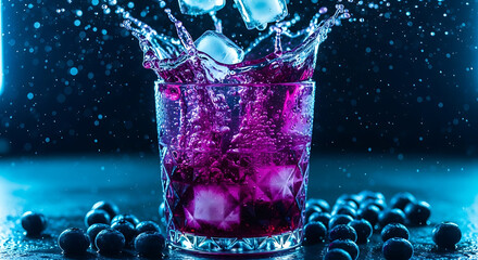 Stylish Close up Drink in Glass Splashing with Ice Cubes Freshness