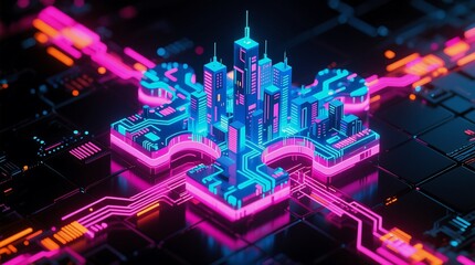 A futuristic cityscape glowing with neon circuitry, set atop a digital motherboardsymbolizing smart technology and cyberpunk innovation.