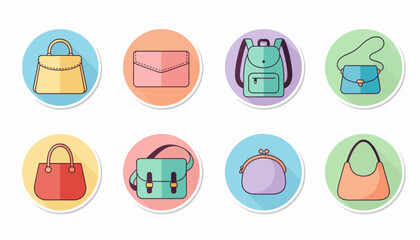 ector icon set of eight women's bags including handbag, backpack, and purse, rendered in a colorful flat style inside round circular backgrounds.