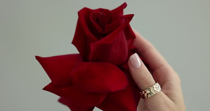 Woman with red rose wearing stylish ring on light grey background, closeup