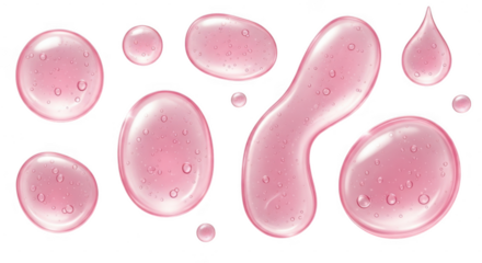 Pink liquid droplets of various shapes and sizes isolated on transparent background