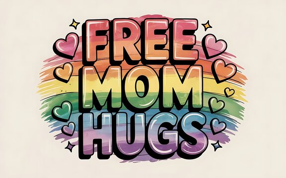 Free mom hugs rainbow typography with hearts and stars - Powered by Adobe
