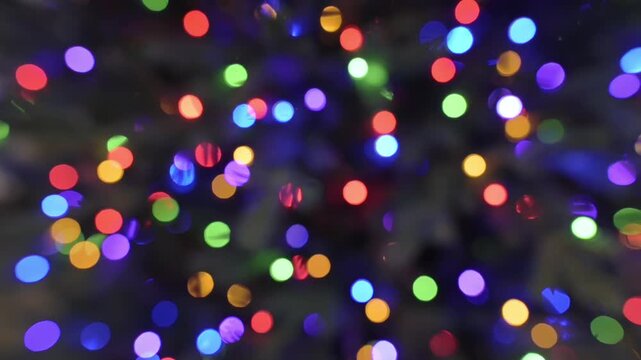 Colorful bokeh lights shining on a blurred christmas tree background Defocused christmas tree lights with colorful bokeh background Christas tree