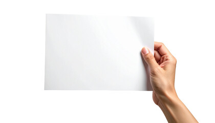 Hand holding blank paper isolated on white and transparent, background