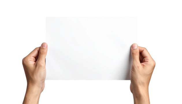 Hand holding blank paper isolated on white and transparent, background
