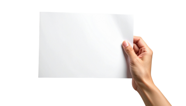 Hand holding blank paper isolated on white and transparent, background - Powered by Adobe