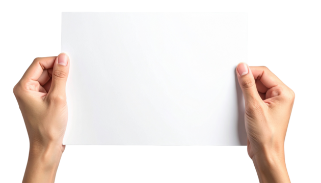 Hand holding blank paper isolated on white and transparent, background