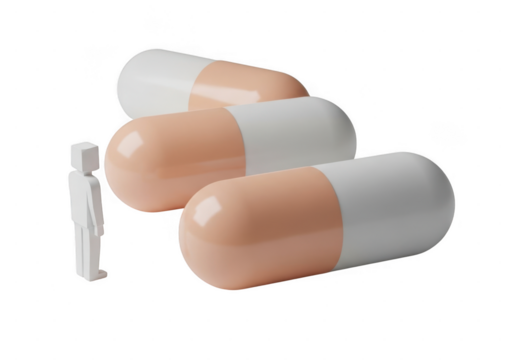 3d figure standing next to giant pills isolated on transparent background