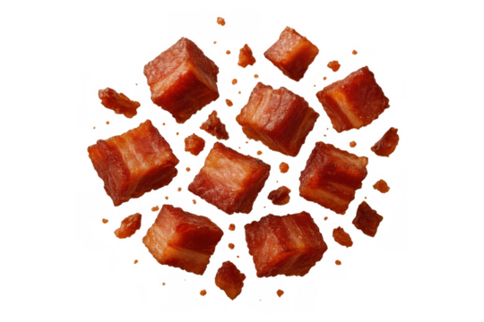 Crispy fried bacon bits and lardons flying. Delicious pork meat cubes ingredient for cooking and food. Transparent background