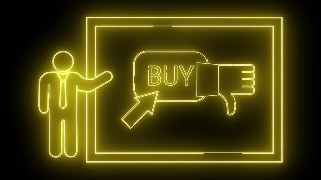 Yellow neon sign with stick figure Buy button with mouse cursor thumbs down and rectangle outline on a black background