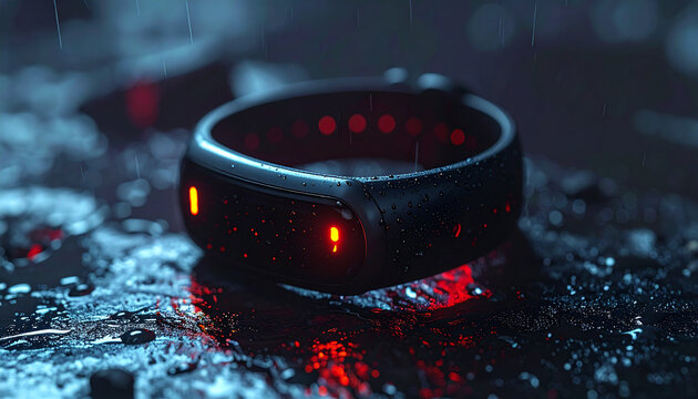 Smart Ring with Dynamic Glow: The sleek, futuristic ring glows with an intriguing amber light, as if pulsating with hidden power and advanced technology, resting on a glistening surface.