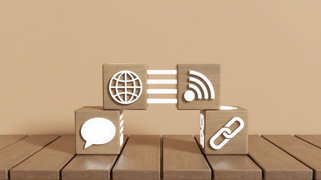 Wooden cubes with internet icons symbolize the core components of digital communication and online network connection