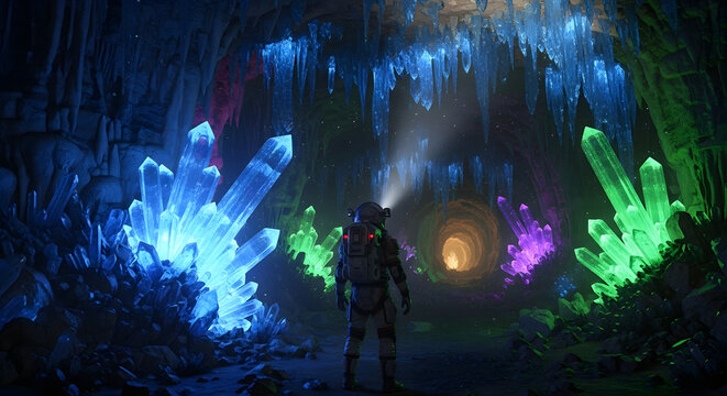 A lone explorer stands in a vibrant otherworldly crystal cave illuminated by the glow of massive colorful crystals.