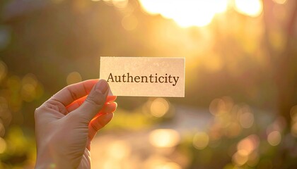 Human hand holding small card with word authenticity in golden hour sunlight with blurred green background