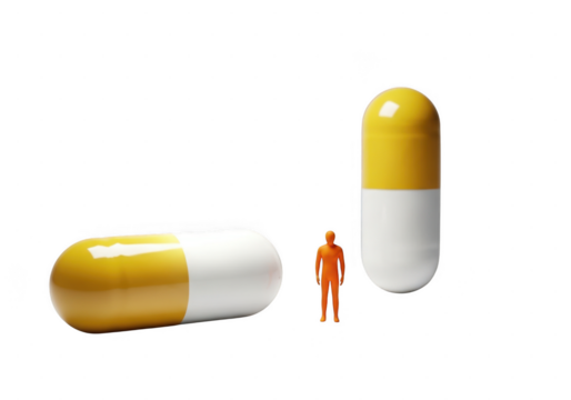 3d figure standing between two large capsules isolated on transparent background