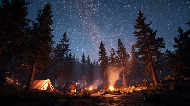 Starry night camping in a forest with illuminated tents and crackling campfires