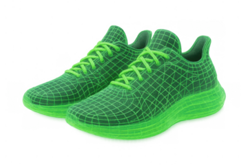 Pair of green digital wireframe sneakers representing virtual footwear design, technology, and futuristic fashion, transparent background