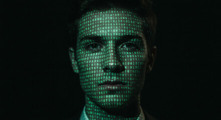 Digital Identity A Man Merged with Binary Code in Futuristic Portrait