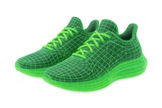 Pair of green digital wireframe sneakers representing virtual footwear design, technology, and futuristic fashion, transparent background