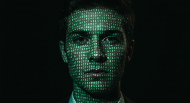 Digital Identity A Man Merged with Binary Code in Futuristic Portrait