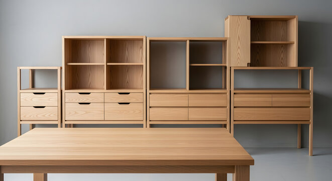 Modular Oak Furniture Collection Against Gray Backdrop Simplicity Design
