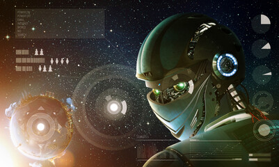 Robot stylish looking back with planet Earth from space. Future technology concept, artificial intelligence. Elements of this image furnished by NASA