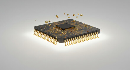 Advanced microchip, glowing with golden energy, embodying the essence of digital processing power and the intricate core of modern technological innovation and data flow