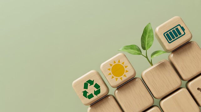 Sustainable energy solutions wooden blocks with green symbols for recycling, solar power, and battery, fostering ecological growth