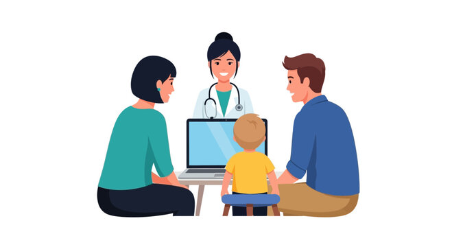 Caring doctor consults with family using telehealth for convenient healthcare from home, promoting well-being and positive patient experience online