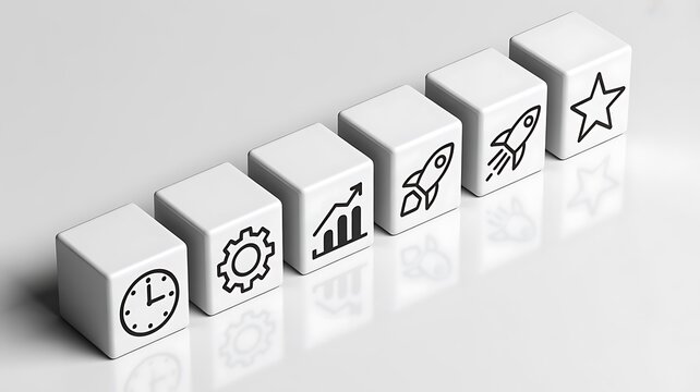 A sequence of white blocks with icons illustrating the essential stages of business development from planning to a successful launch