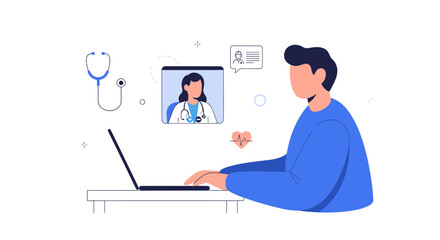 Virtual doctor consultation with female physician offering telehealth advice on laptop, promoting accessible healthcare solutions for modern patient needs