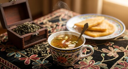 Elegant Kashmiri Kahwa tea with saffron, almonds, and pistachios in a decorated floral cup, served with Puran Poli bread and black tea leaves in a vintage wooden box on a rich fabric.