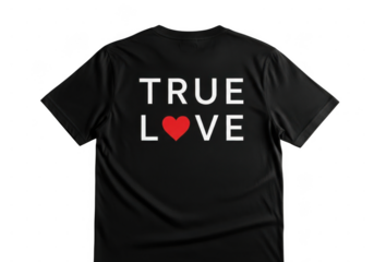 Black tshirt with true love text and red heart graphic isolated on transparent background