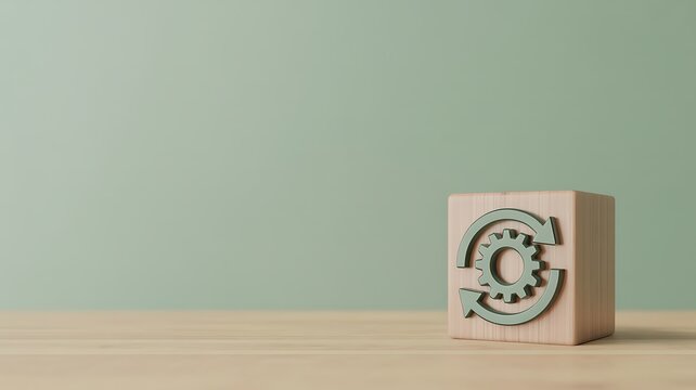 Wooden block with circular arrows and gear symbol representing processes and cycles on a wooden table, copy space