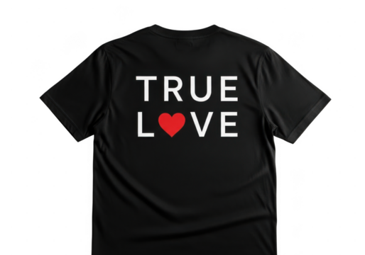 Black tshirt with true love text and red heart graphic isolated on transparent background