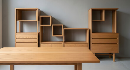 Minimalist Scandinavian style wooden furniture set with desk against grey wall