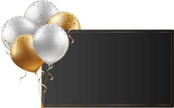 Black Banner Label with Hanging Balloon PNG - Powered by Adobe