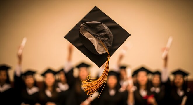 Joyful Graduation Celebration, Mortarboard hat suspended in air with blurred tassel, soft bokeh crowd behind, perfect for banners or inspirational visuals.