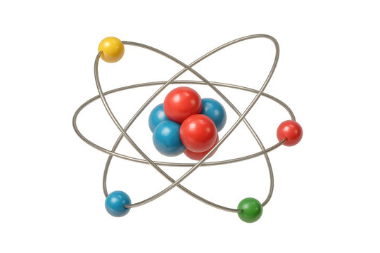 Atomic model showing electrons orbiting a nucleus with protons and neutrons, representing science, physics, and chemistry concepts