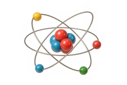 Atomic model showing electrons orbiting a nucleus with protons and neutrons, representing science, physics, and chemistry concepts