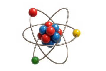 Atom model display showing electrons orbiting a nucleus with protons and neutrons, representing core scientific principles