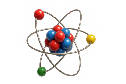 Atom model display showing electrons orbiting a nucleus with protons and neutrons, representing core scientific principles