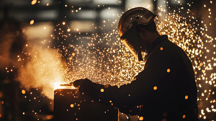 Silhouette of a welder working with sparks flying in a dark industrial setting, showcasing skilled labor