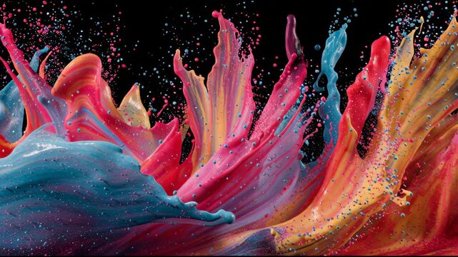 Explosive Multi-Color Paint Splash Wave on Black Background. Dynamic Abstract Liquid Art with Vibrant Red, Yellow, and Blue Pigments.